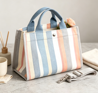 Sac fourre-tout en toile recyclable à rayures colorées avec poignée non tissée longue, petite taille pour femme, usage quotidien et PC