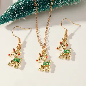 Qiuhan Alloy Drip Enamel Moose Snowman Christmas Stud Earrings Necklace Jewelry Set