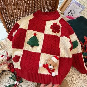 Tongxingyuan Girls Sweater Red White Checkered Cartoon Christmas Knitwear Autumn Winter Warm Base Layer - Product Image 4