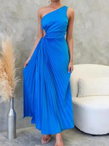 Elegante Abito da Sera Plissettato con Spalla Scoperta e Ritaglio in Vita, Vestito Estivo - Product Image 5