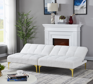 Modern Convertible Reclining <b>Foldable</b> <b>Sofa</b> <b>Bed</b> Futon with Gold Metal Legs for Fabric (White) - Product Image 3