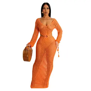 Beach Dress Summer Outfits Crochet Beach Cover up Bikini Beach Wear Through Maxi Dress Ladiesgold 2024 Women Boho Long Sleeve
