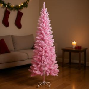 Sapin de Noël artificiel rose mince et élancé de 2,3 m (7,5 pi) sans éclairage, pour décoration intérieure, léger, installation facile, en pin, avec base autoportante - Product Image 2
