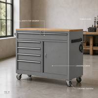 Armoire à outils roulante robuste avec multiprise intégrée, plateau en bois, chariot de rangement en acier gris pour garage et atelier