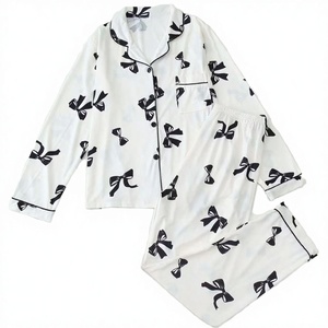 Conjunto de Pijama de Verano Elegante para Mujer, Transpirable, con Cintura Elástica, Manga Larga, Tejido de Punto, Estampado de Lazo, Solapa Clásica, Moda Sólida - Product Image 3