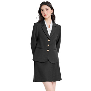 Women's Gray Suit Set Solid Color Wool Blend Work Professional Spring Casual Suit Jacket And Skirt - Product Image 5