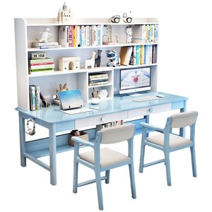 Solid Wood Double Desk With <b>Bookshelf</b> Integrated Computer Desk For Home Bedroom Children Study Walnut Color - Product Image 5