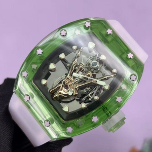 Reloj Mecánico de Lujo con Esfera Transparente Verde, Esqueleto Dorado y Correa de Goma Blanca - Product Image 3
