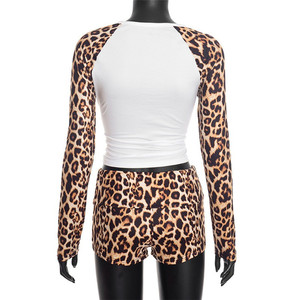 PEEQI Q25ST425 Set di 2 Pezzi Moda Leopardato per Donna, Top Corto a Maniche Lunghe con Patchwork Colorato + Completo con Pantaloncini - Product Image 6
