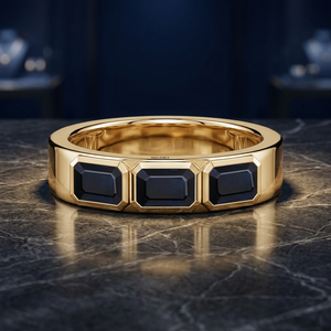 Anillo de Oro Amarillo para Mujer con Tres Esmeraldas Negras Naturales, Corte Clásico, Joyería de Compromiso, Oro de 10K, 14K, 18K, Plata 925, 935 - Product Image 1