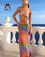 Luxe tropische bloemenprint stretch bikini badpak 3-delig op maat gemaakt dames badpak bandeau schelpvormige hoge snit maxi rok