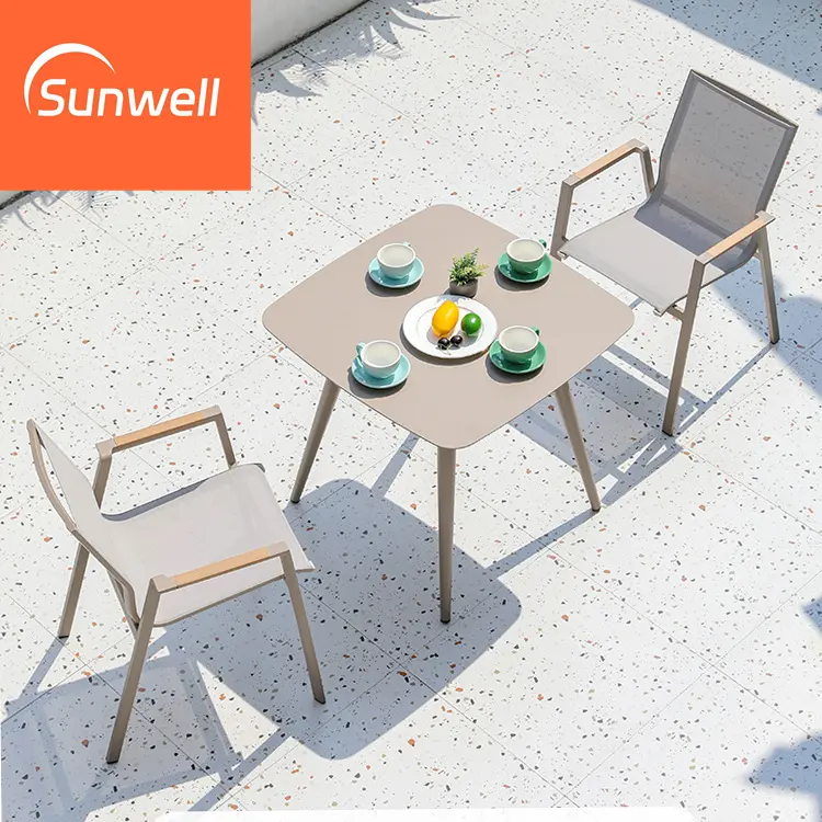 Conjunto de móveis de luxo para pátio, mesa de centro e cadeiras de alumínio para jantar ao ar livre, conjunto de jantar de jardim, metal