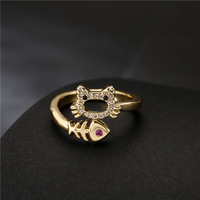 Anillos de Gato Chapados en Oro, Joyería de Moda, Lindo Personaje de Dibujos Animados, Anillo de Dedo Ajustable con Gato y Pez, Circonita Cúbica