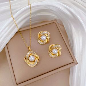 Stainless Steel Jewelry Set Non Fade Diamond Pearl Clover Pendant Necklace Earring for Women Clavicle <b>Chain</b> Choker Charm Jewelry - Product Image 1
