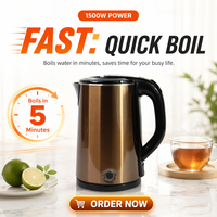 Ketel Listrik Stainless Steel Emas 2.2L untuk Merebus Air, Teh & Kopi, Dinding Ganda, Mati Otomatis, 360 °   Pabrik OEM, Pabrik Asli