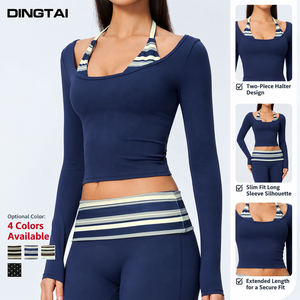 Top de yoga de manga larga <span class=keywords><strong>con</strong></span> cuello halter y estampado de lunares y rayas para <span class=keywords><strong>mujer</strong></span>, efecto dos piezas, <span class=keywords><strong>con</strong></span> sujetador incorporado acolchado y cintura ajustable, para actividades al aire libre. - Product Image 3