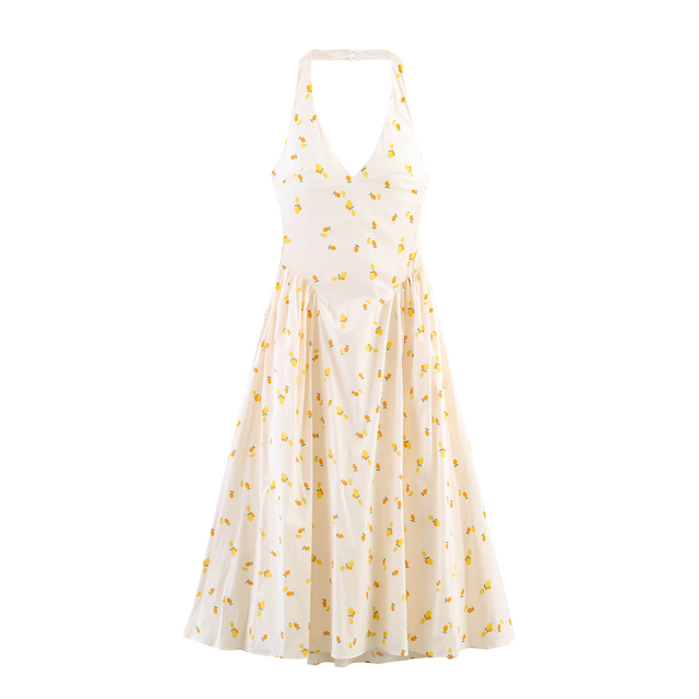 Custom Summer Poplin Halter Neck Fruit Print Midi Dress, European Style Casual Sleeveless Sundress OEM by China Clothing Factory