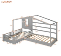 Lit double en bois en forme de L avec garde-corps de toit, design Montessori (gris), pas besoin de matelas à ressorts