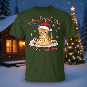 T-shirt natalizia Merry Biscuits Club Cat con design We Knead Joy Holiday - Product Image 4