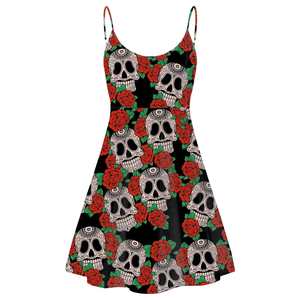 Robe Slip Style Rétro Femme Rouge Rose Fleurs et Crâne Imprimé Sexy Dos Nu Moulante avec Taille Empire pour la Fête des Filles - Product Image 2