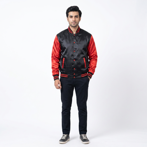 Blouson de baseball satiné pour homme, style universitaire, avec bordure rayée et broderie décorative, en toile, pour l'hiver - Product Image 1