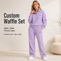 Ensemble deux pièces pour femme ODM, pull à col zippé texturé gaufré, pantalon droit à taille élastique, survêtement décontracté et confortable