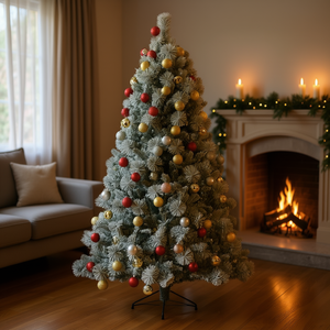 Albero di Natale Artificiale Opaco 6,5 Piedi con Ornamenti Rossi e Dorati, Decorazione da Interno con Base, Materiale Plastico - Product Image 2