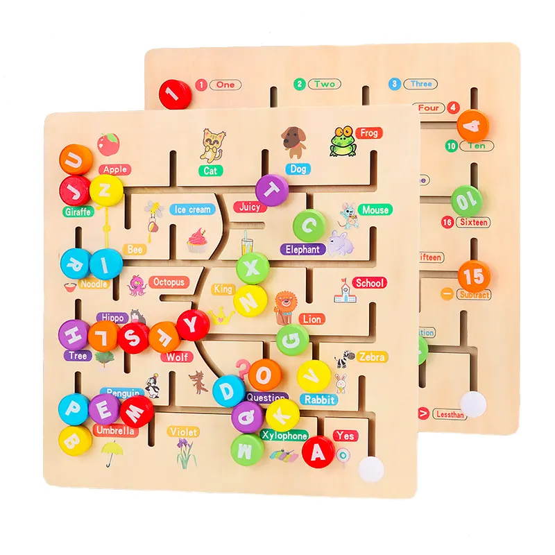 Montessori Maze Boards Holz spielzeug Slide Puzzle Tier Digital Letter Matching Games Lernspiel zeug