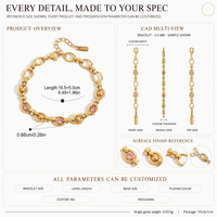 Bijou fantaisie pour femme en acier inoxydable plaqué or 18 carats, avec perles, breloque en zircon et cristal rose, maillons ovales épais, réglable, idéal pour les fêtes et comme cadeau
