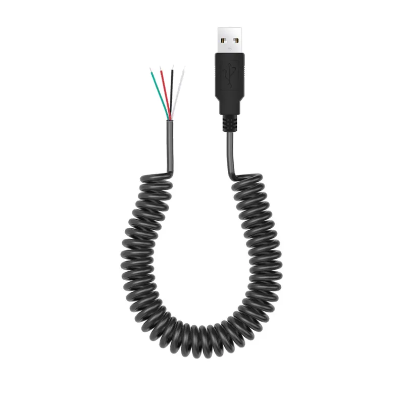 Geri çekilebilir bahar Coiled USB 4 çekirdekli erkek 24awg OD 4mm veri kablosu soyulmuş teneke sonunda tel açık ucu spiral rulo kablo