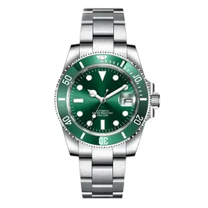 Relojes Hombres Marca de lujo Automático Pulsera de acero inoxidable Relojes Green Sunray Dial Fecha Hombres Reloj