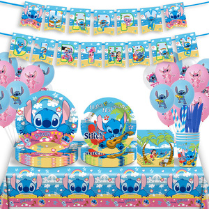 Nuevo 92 Uds dibujos animados <span class=keywords><strong>Stich</strong></span> fiesta temática plato <span class=keywords><strong>de</strong></span> papel taza servilleta globo Banner bandera pastel Topper conjunto <span class=keywords><strong>para</strong></span> Fiesta infantil vajilla - Product Image 1