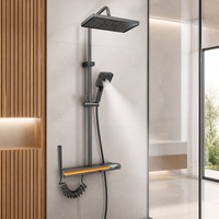 Colonne de douche moderne de luxe en bronze canon avec étagère de rangement, pommeau de pluie, douchette à main et pistolet de pulvérisation pour hôtel et salle de bain à domicile