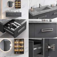 Meuble-lavabo mural gris moderne avec vasque et miroir LED rond pour projets hôteliers et d'appartements