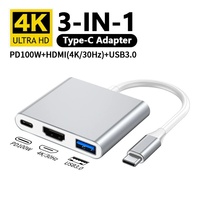 Convertisseur de câble multifonction 3 en 1, adaptateur de hub USB3.0, type C vers HDTV 4K, séparateur PD 100W Max, chargeur rapide pour ordinateur portable