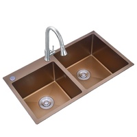 Évier de cuisine rectangulaire en acier inoxydable à double bac, sur mesure, moderne, doré, Liangshun W-8045HB, avec robinet à deux trous, 3