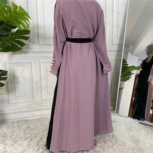 Elegant Kimono Two Colors Stitching Design Long Sleeve With Buttons Full Length Open Abaya <b>Cardigan</b> Dubai Collection 1892# - Product Image 5