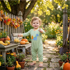 <b>Cute</b> Green Dinosaur Applique Breathable Romper with Yellow Checkered Trim for Baby Boys Infants & Toddlers Summer Wear - Product Image 3