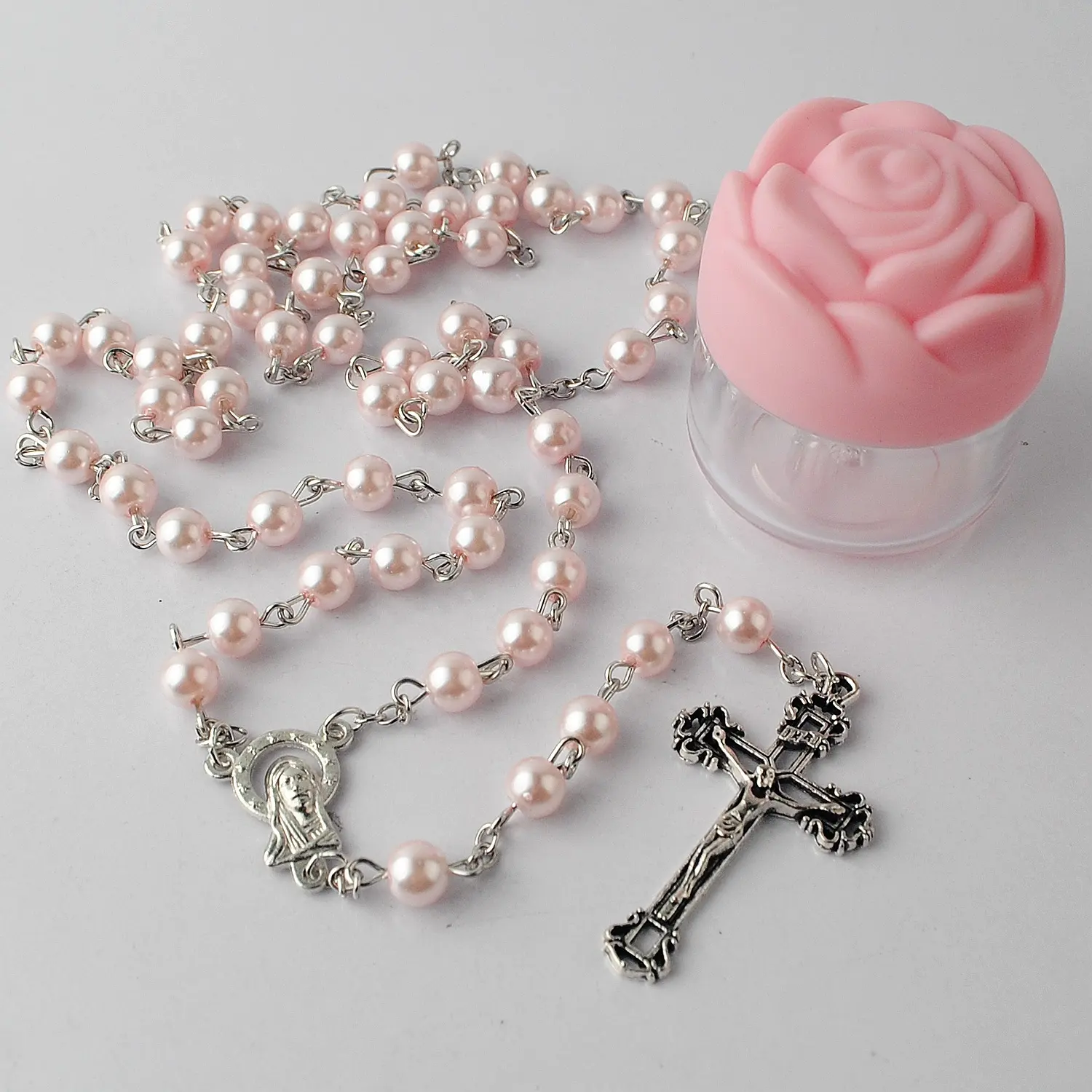 Collana a catena cattolica rosario con perle di vetro rosa da 6mm con scatola di Rose per ragazzi e ragazze