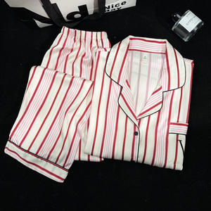 <span class=keywords><strong>Conjunto</strong></span> de Pijama ODM Otoñal Transpirable con Solapa, Elegante Estilo Francés para Mujer, Ropa de Dormir con Rayas Verticales - Product Image 1