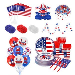 Ensemble de fournitures de fête jetables sur le thème de la Journée de l'Indépendance, style moderne, vaisselle pour le 4 juillet, comprenant assiettes en papier, gobelets, serviettes - Product Image 4