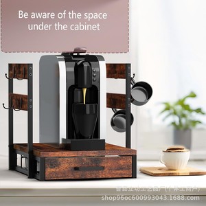 Coffee Pod Storage Rack Wooden Iron <b>Desktop</b> Organizer Multi Functional Kitchen Storage <b>Shelf</b> With Drawer And Mug Hanger - Product Image 2
