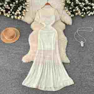 Vestido Midi Casual Coreano de Verano para Mujer, Estilo Imperio, con Encaje Calado, Estampado Digital, Tejido de Punto, Tirantes Finos y Manga Corta - Product Image 3