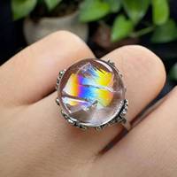 Bague ajustable en argent S925 avec sphère de quartz arc-en-ciel naturel de 12 à 13 mm, ornée de cristaux clairs et fumés, pour la vente en gros