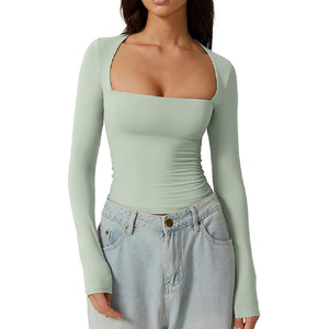 <span class=keywords><strong>Camiseta</strong></span> de <span class=keywords><strong>manga</strong></span> <span class=keywords><strong>larga</strong></span> a la moda para mujer, <span class=keywords><strong>camiseta</strong></span> básica de 6 colores con cuello cuadrado y corte ajustado, informal, para oficina, uso diario, fiesta, combina con todo - Product Image 6