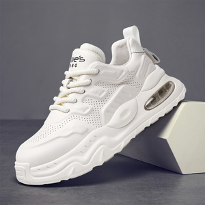 Men's White <b>Sneakers</b> Thick Sole Height Increasing Casual Shoes Outdoor Commuter Fashionable Wear Resistant Lace Up - Product Image 1