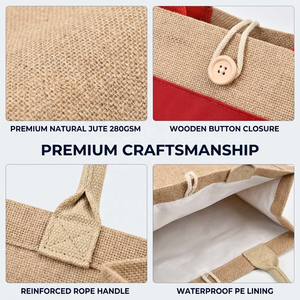 Gepersonaliseerde ecovriendelijke, op maat gecoate jute opvouwbare tassen met lange hengsels en zak voor herbruikbare reclame - Product Image 4