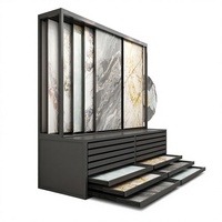 Meuble combiné contemporain noir mat à tiroirs coulissants avec cadre métallique personnalisable pour l'affichage de dalles de carrelage et de pierre en showroom