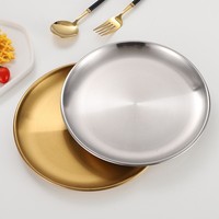 Piring BBQ Korea dari Baja Tahan Karat 304, Nampan Sajian Bulat, Piring Panggangan Makanan untuk Berkemah Piknik Luar Ruangan 14-26cm, Perak
