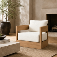 Fauteuil lounge en teck massif, fauteuil d'appoint minimaliste Japandi avec accoudoirs découpés et base sur socle pour chambre et balcon